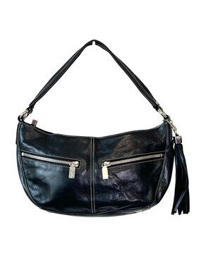 Perlina Black Leather Shoulder Bag Silver Hardware Slouchy Vintage Style
